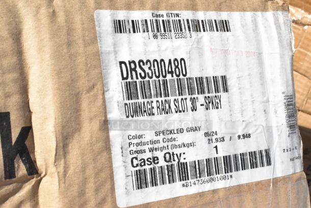 Cardboard box with a label showing "DRS300480," "Dunnage Rack Slot 30" Speckled Gray," production code 05/24, 21.933 lbs gross weight.