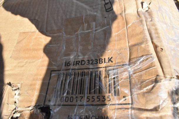 Close-up of a cardboard box showing damage and a visible barcode. Text "16RD323BLK" and partial "Made in China" label.