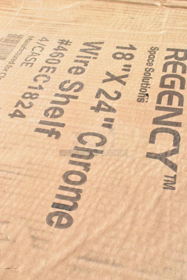 Cardboard box labeled "Regency 18x24 Chrome Wire Shelf" for auction.