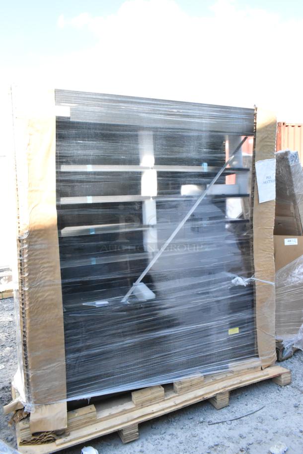 Brand new Avantco 193VOA70B 70" black vertical open air merchandiser with LED lighting, showing scratch and dent, packaged.