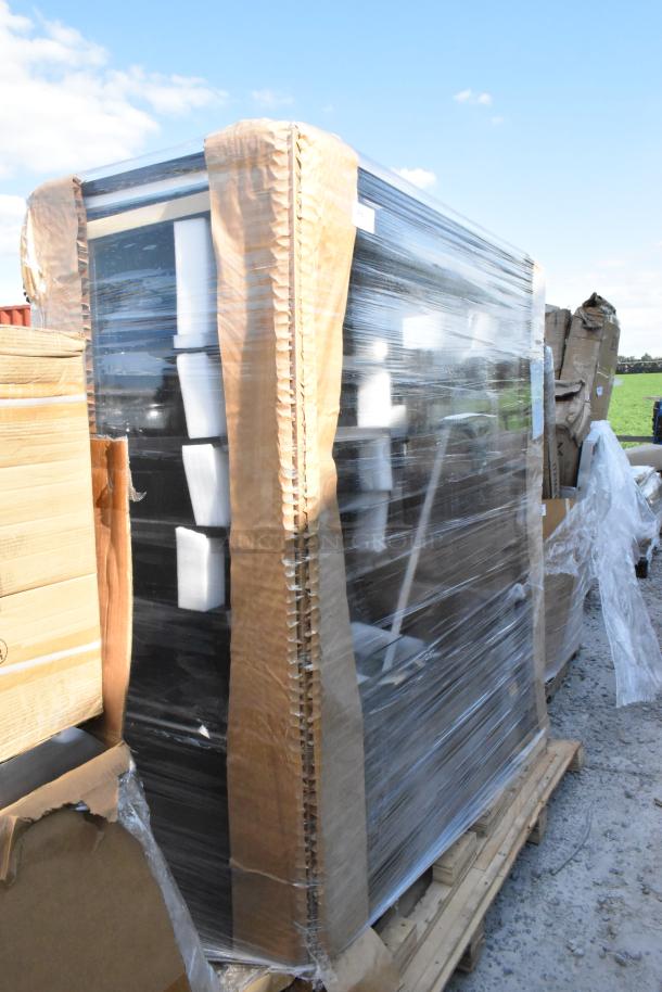 Brand new Avantco 193VOA70B 70 7/8" black extra deep vertical open air merchandiser, scratch and dent condition, wrapped on pallet.