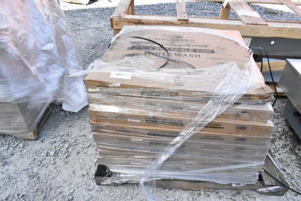 10 Brand New Lancaster Table & Seating 30" x 30" Solid Wood Live Edge Table Tops, Bleached Oak Finish, in packaging.