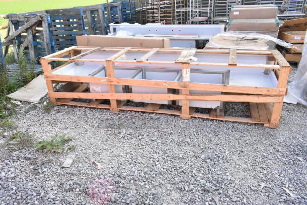 BRAND NEW Scratch and Dent 2024 Elkay Stainless Steel 3 Bay Sink with Dual Drain Boards, in wooden crate.