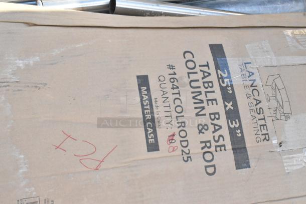 Cardboard box labeled "Lancaster Table & Seating 25" Table Base Column & Rod #164TCOLROD25," containing new items.