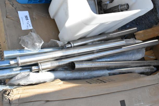 Five new Lancaster Table bases, model 164TCOLROD25, in original packaging with minor dents. Auction tag visible.