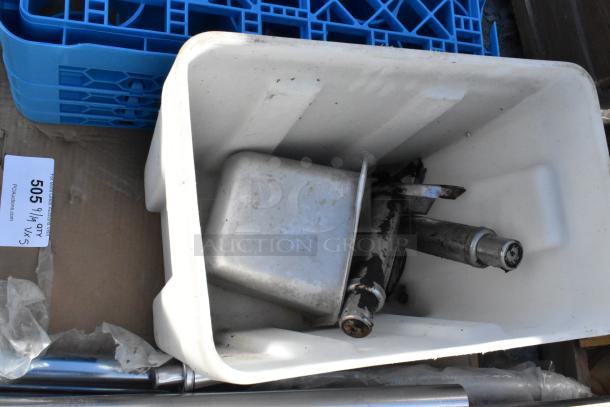 5 brand new scratch and dent Lancaster Table & Seating table base columns and rods in a white bin, model 164TCOLROD25.