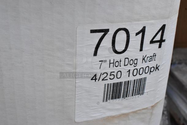 Box of 7014 hot dog holders, label reads "7" Hot Dog Kraft 4/250 1000pk." Includes black anti-fatigue floor mat, scratch and dent condition.