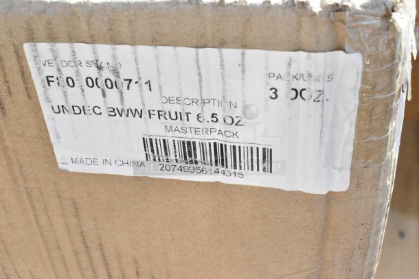 Cardboard box with label showing product description and barcode. Text indicates "UNDEC BWW FRUIT 6.5 OZ MASTERPACK, Made in China."