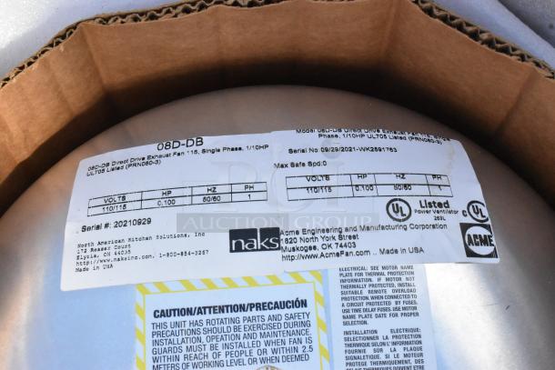 Naks 08D-DB Exhaust Fan, 1/10 HP, 115V, UL705 listed, new condition, includes manufacturer's label and safety warning.