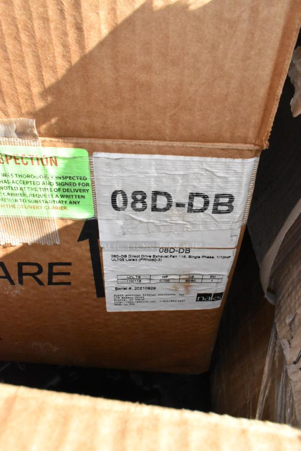 Cardboard box labeled "08D-DB" with details of a Naks 08D-DB Direct Drive Exhaust Fan, single phase, UL705 listed.