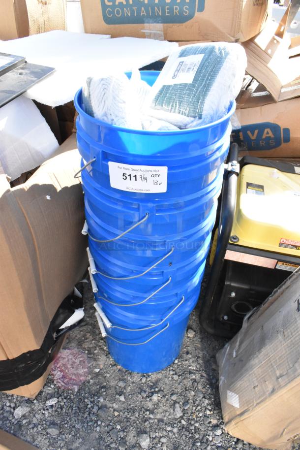 Stack of blue poly buckets with Carlisle 369418B00 mop heads inside, labeled for auction, quantity 13x.