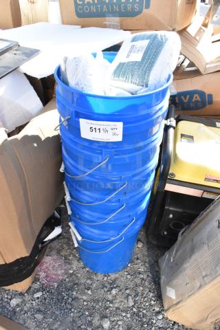 Stack of blue poly buckets with Carlisle 369418B00 mop heads inside, labeled for auction, quantity 13x.