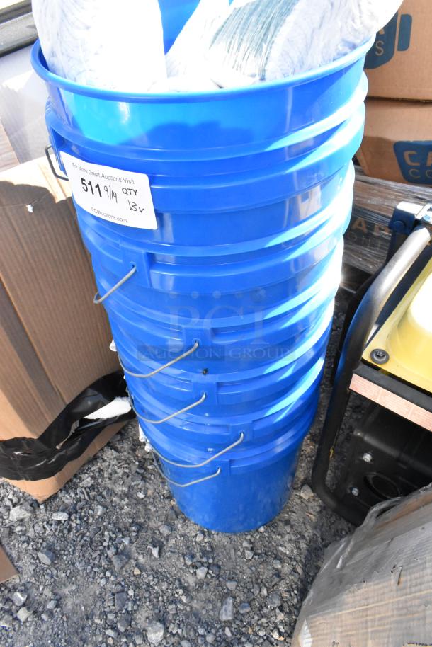 Stack of blue poly buckets with a label stating "Quantity 13." Includes Carlisle 369418B00 brick pack mop heads.