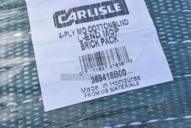 Carlisle 369418B00 Brick Pack Mop Heads label showing product details, including "Made in Honduras from US Materials."