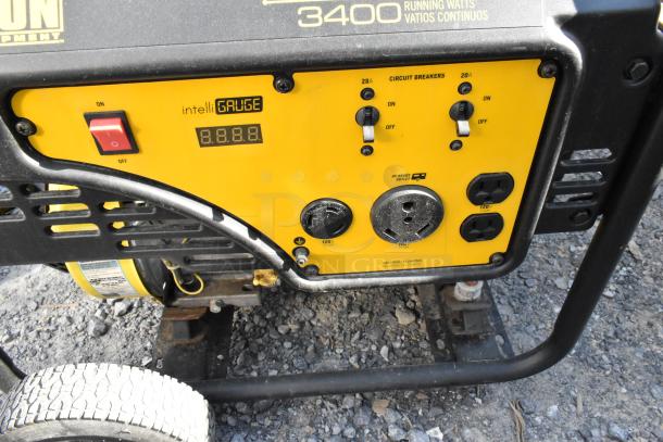 2016 Champion 100222 Portable Generator, 3400 watts, yellow control panel with IntelliGauge, circuit breakers, RV outlet.