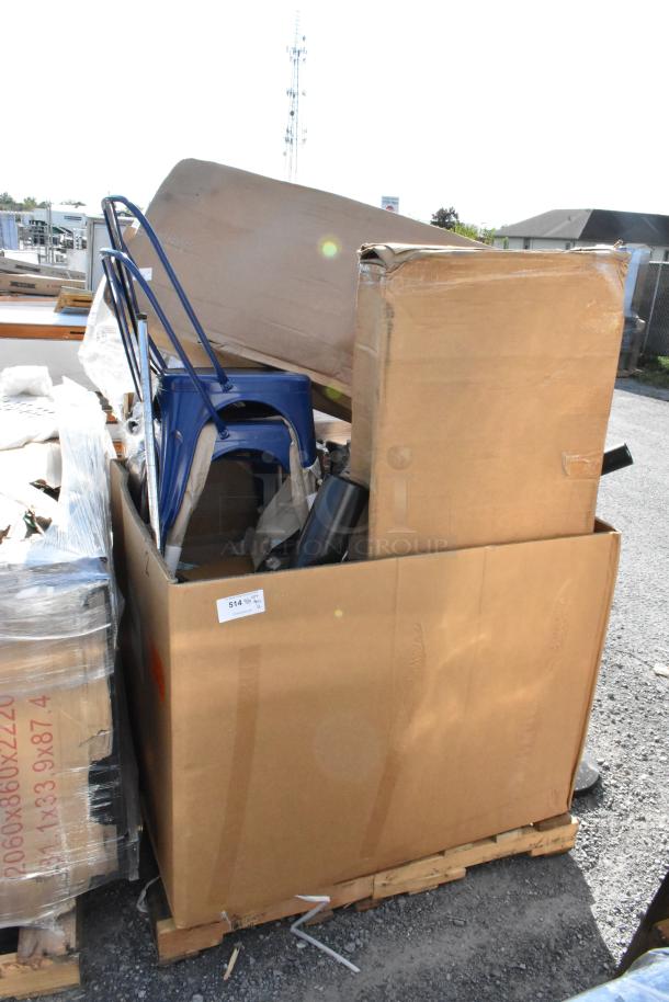 Large box containing 12 brand new scratch and dent items, including blue metal Tolix style chairs, on a wooden pallet.