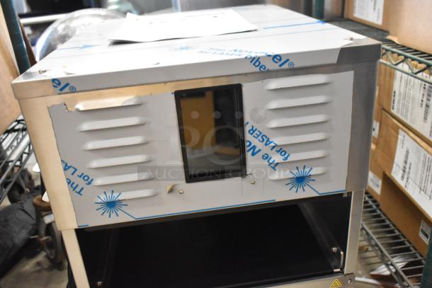 "Brand new Prince Castle PHB21N1-PLK01 stainless steel holding bin in box, 120V, 1 Phase, visible protective wrap."
