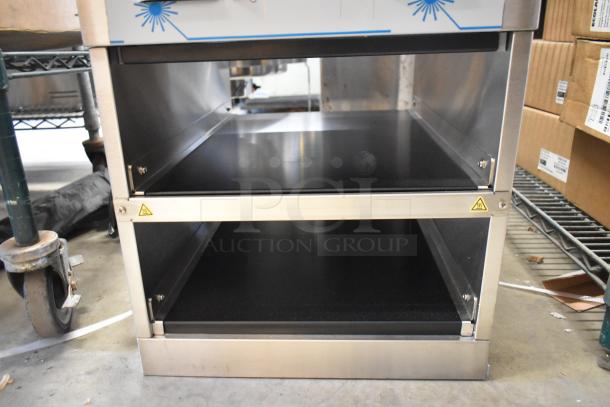 Brand new Prince Castle PHB21N1-PLK01 stainless steel holding bin, 120V, 1 phase, with dual shelves and safety labels.