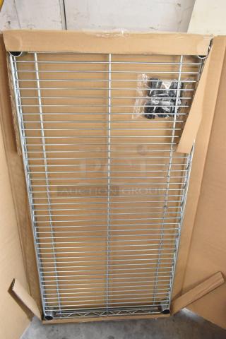 Box containing two chrome finish wire shelves, model 5GRU6B, brand new and in original packaging.