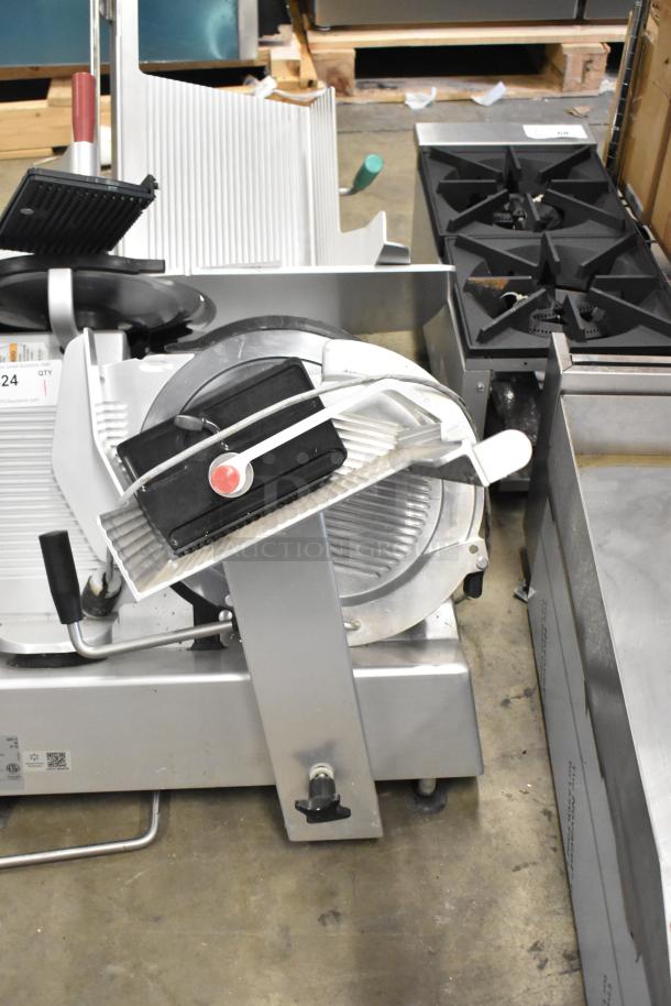 Bizerba GSP H metal commercial countertop meat slicer, 115 volts, 1 phase, shown with blade and adjustment knobs visible.