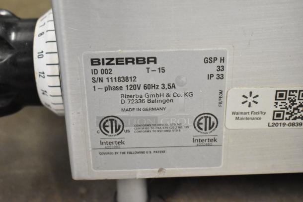Bizerba GSP H meat slicer label, showing model details, 115V, 1 phase. ETL listed. Made in Germany. Walmart maintenance tag.