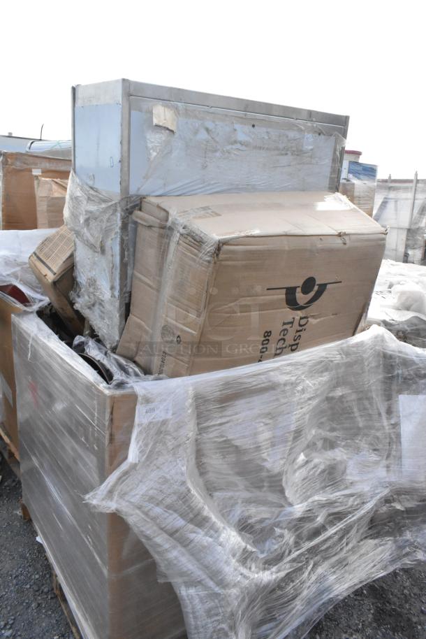 Bundle of 18 new scratch-and-dent items, including a wire shelf, chair, cabinet, and sink. Items wrapped in plastic.
