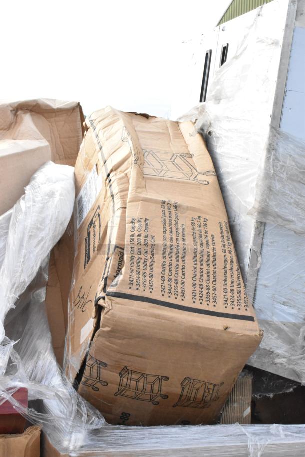Cardboard box showing a diagram of a utility cart, labeled "Rubbermaid," with visible wear and shipping labels.