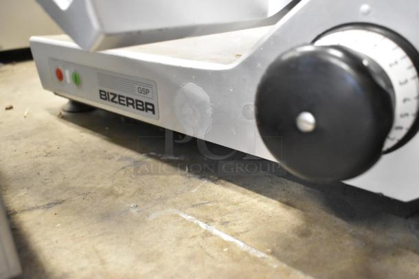 2016 Bizerba GSP H metal commercial meat slicer, 115V, 1 phase, with controls and branding visible.