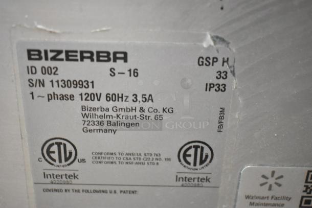 Close-up of Bizerba GSP H meat slicer label showing model, serial number, 120V 60Hz, 3.5A, CSA, and UL certifications.