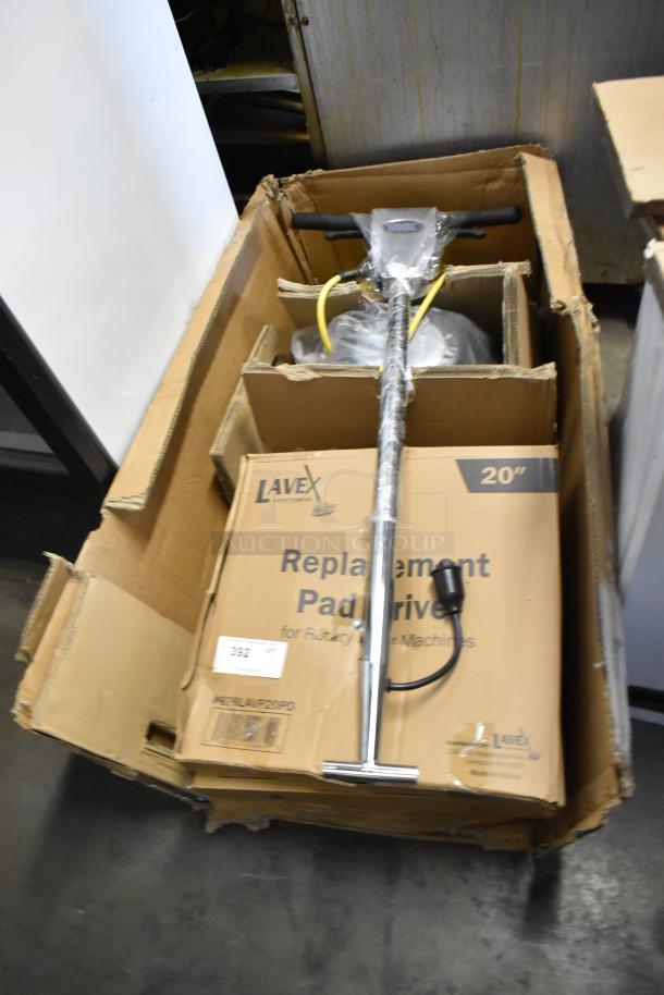 Brand new Lavex 978LAVP20D 20" dual speed rotary floor machine in box. Scratch and dent condition, 175/320 RPM, 120V.