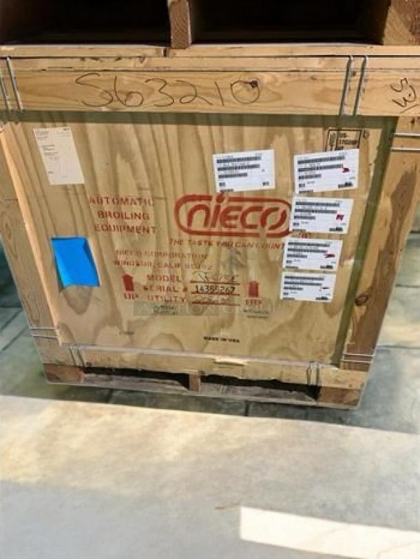 Brand new Nieco JF62-2 automatic gas conveyor broiler in crate, fully tested, labeled for shipping.