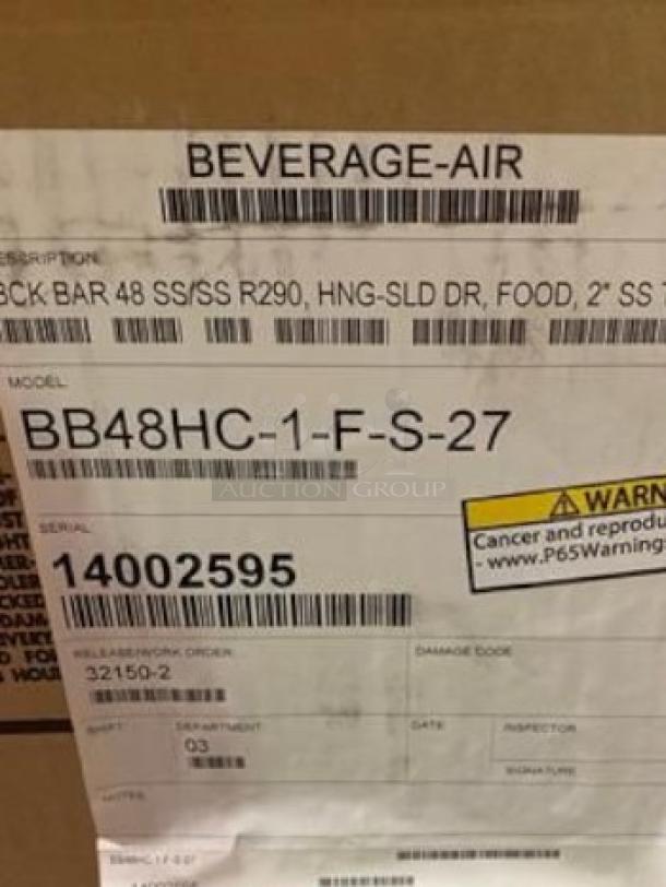 Beverage-Air BB48HC-1-F-S-27 Back Bar Refrigerator label showing model and serial number 14002595.
