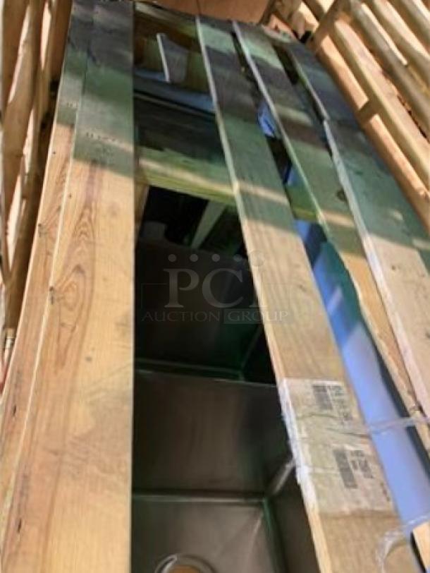 Brand new Commercial Stainless FC-3-1515-15RL 3-compartment sink, 15"x15" bowls, with 15" drainboards, packaged in crate.