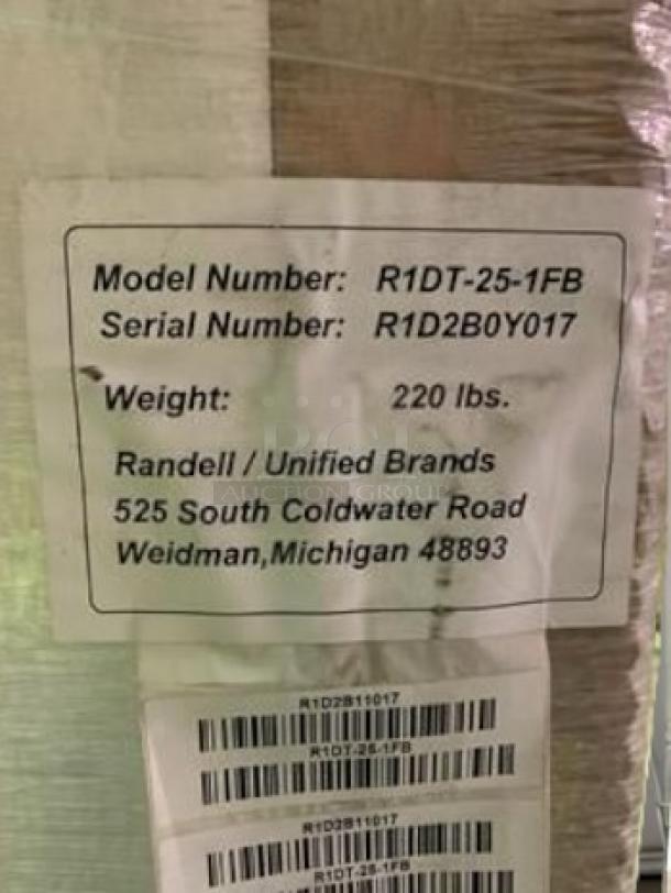 Brand new Randell R1DT-25-1FB reach-in refrigerator/freezer label, 25" wide, dual temperature, weight 220 lbs, made by Unified Brands.
