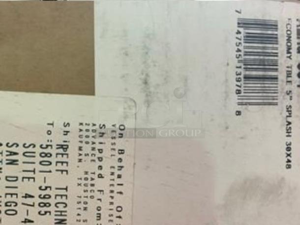 Alt text: Box label for Brand New Economy Stainless Steel Work Table, 30" x 48" with 4" backsplash, Model LAG-304.