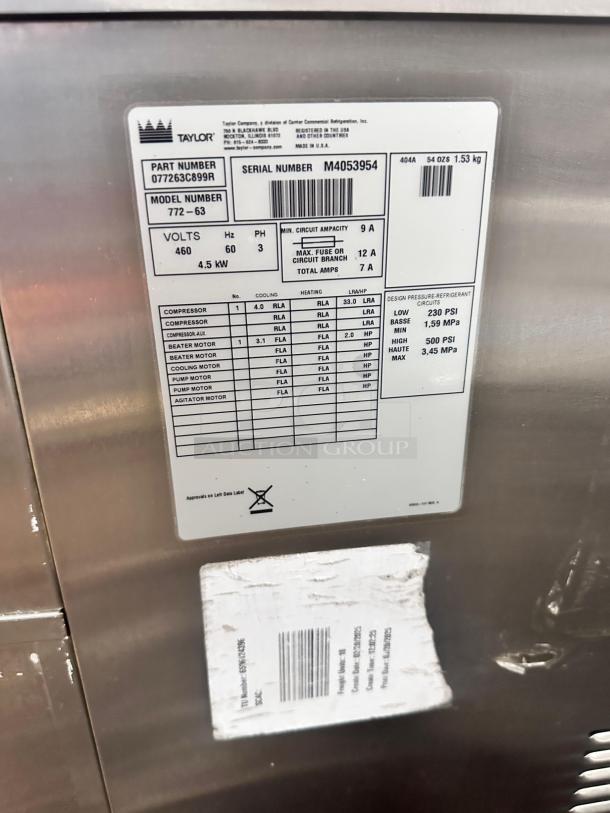 Taylor 772-63 Soft Serve Freezer, excellent condition, twin twist, 460V 3Ph, fully tested, visible model and serial labels.