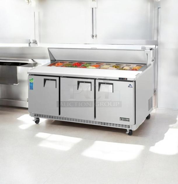 Everest EPBNR3 3-door refrigerated sandwich/salad prep table, excellent condition, fully tested, stainless steel build.