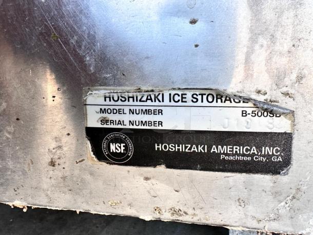 Hoshizaki ice storage bin label, model B-500SD, with NSF certification. Includes serial number and Hoshizaki America Inc. info.