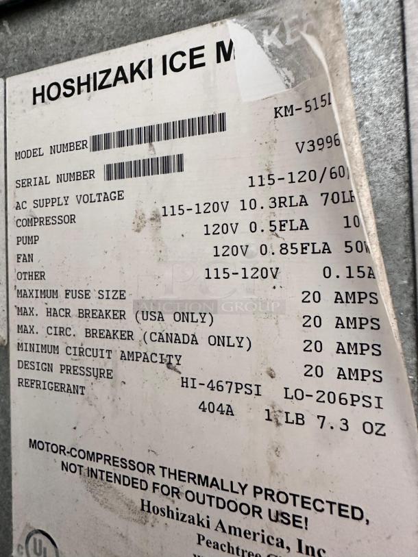 Hoshizaki KM-515MAH Ice Maker label showing model and serial number, voltage, and refrigerant info.