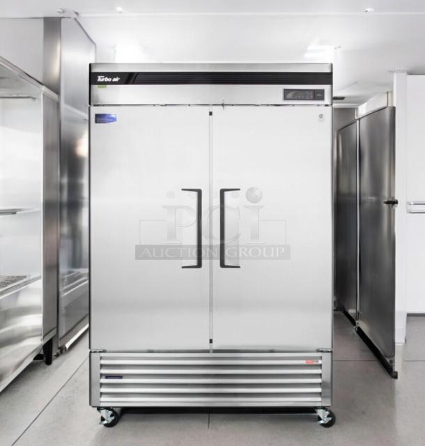 Turbo Air TSR-49SD two-door reach-in refrigerator, excellent condition, fully tested, 115V, brushed stainless steel finish.