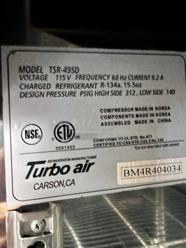 Turbo Air TSR-49SD fridge label showing voltage, refrigerant, pressure specs, and certifications. Model: TSR-49SD, 115V.