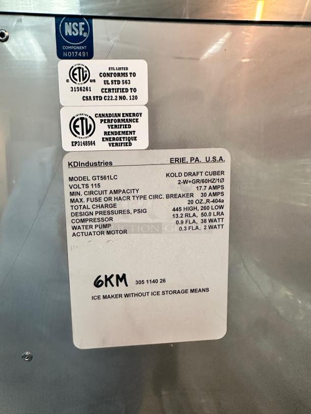 Kold Draft GT561LC Ice Machine, excellent condition, 115V, fully tested, ETL listed, with certifications and specifications label.