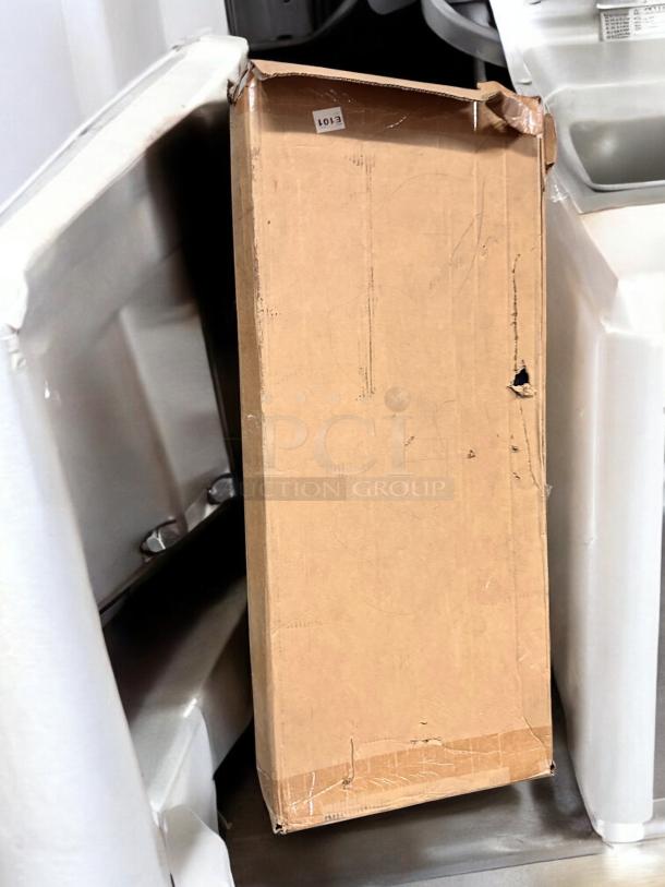 Cardboard box containing Class A Customs 30 Gallon RV Waste Tank, fully tested, excellent condition, with visible wear.