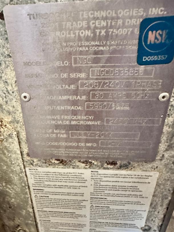TurboChef NGC Rapid Cook Oven label, showing model as NGC, voltage 208/240V, serial number NGCD636868, manufactured July 2012.