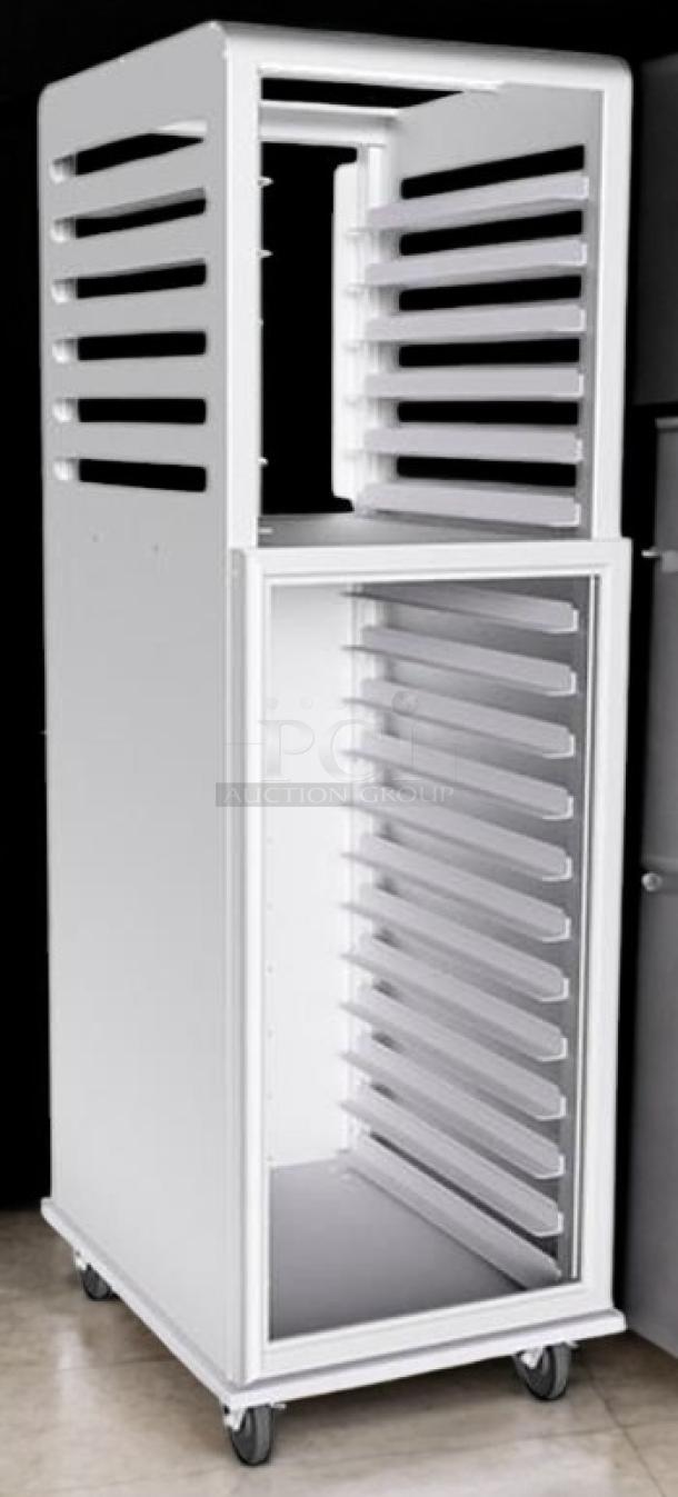 Lockwood enclosed sheet pan rack, 20-pan capacity, excellent condition, fully tested, metal construction, on casters.