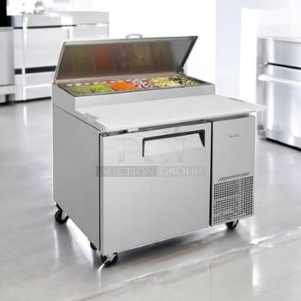 Brand new Turbo Air TPR-44SD-D2-N sandwich/salad prep table, 1 door, 2 drawers, NSF certified, stainless steel finish.