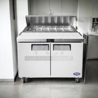Brand New Atosa MSF8302GR Refrigerated Sandwich/Salad Prep Table, 2-Door, 48", Factory Sealed, stainless steel finish, casters.