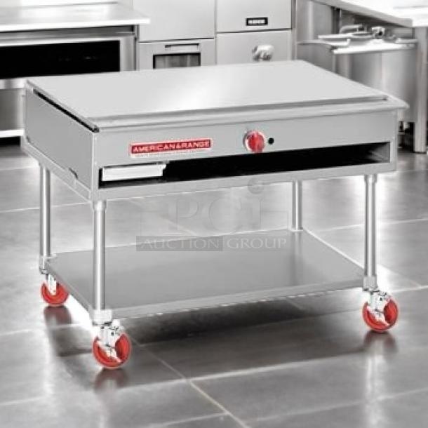Brand new American Range ARTY-48 Teppan-Yaki Griddle, 48", 60,000 BTU, natural gas, superb condition, red casters.