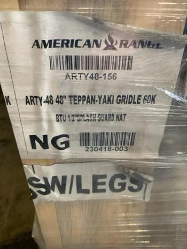 Brand new American Range ARTY-48 Teppan-Yaki Griddle, 48", 60,000 BTU, natural gas, pristine condition. Visible labels detail model and gas type.