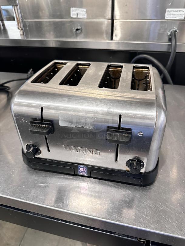 Waring Commercial WCT708 four-slice toaster in excellent condition, 1800W, brushed stainless steel, fully tested and working.